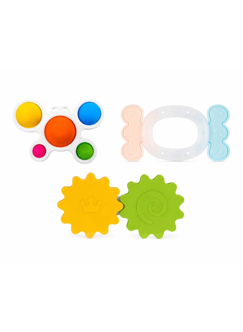 3-Piece Baby Sensory Toy Bundle – Silicone Teether Ring, Pop Sensory Toy & Interlocking Gears for Teething, Fine Motor Skills and Early Learning - Image 1