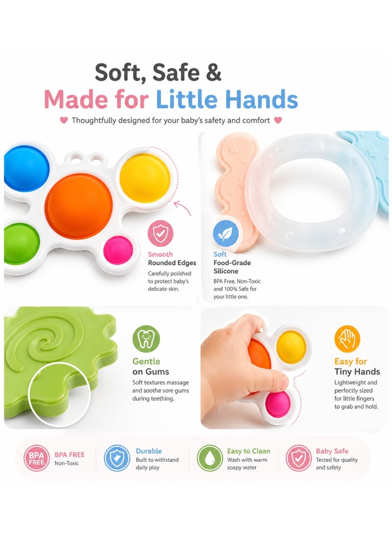 3-Piece Baby Sensory Toy Bundle – Silicone Teether Ring, Pop Sensory Toy & Interlocking Gears for Teething, Fine Motor Skills and Early Learning - Image 2