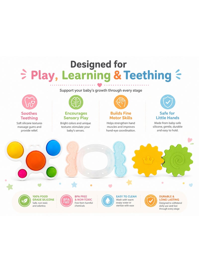 3-Piece Baby Sensory Toy Bundle – Silicone Teether Ring, Pop Sensory Toy & Interlocking Gears for Teething, Fine Motor Skills and Early Learning - Image 3