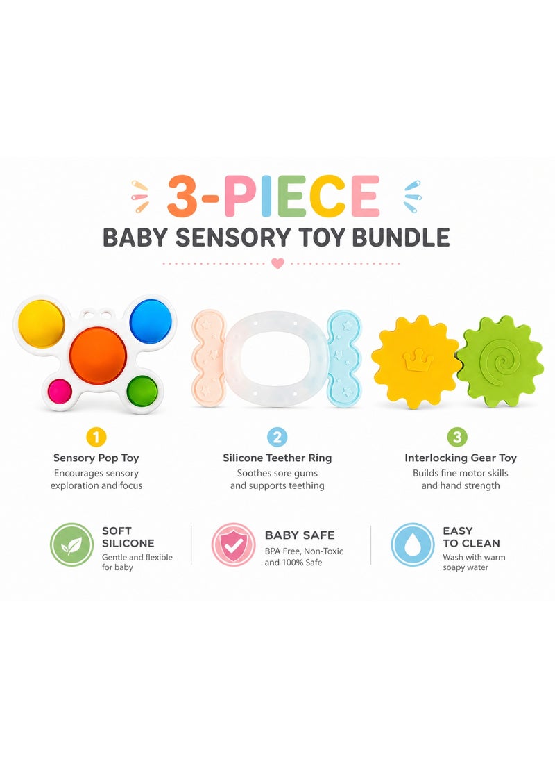 3-Piece Baby Sensory Toy Bundle – Silicone Teether Ring, Pop Sensory Toy & Interlocking Gears for Teething, Fine Motor Skills and Early Learning - Image 4