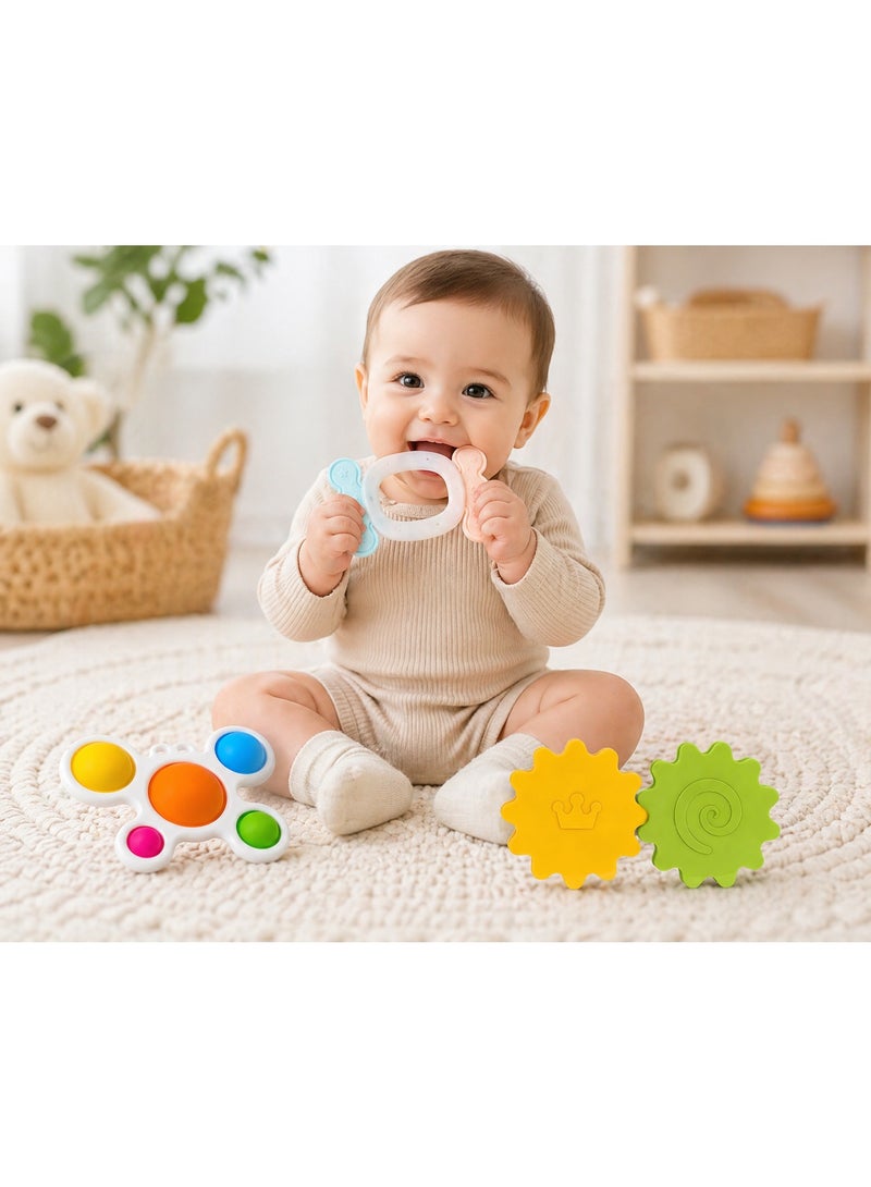 3-Piece Baby Sensory Toy Bundle – Silicone Teether Ring, Pop Sensory Toy & Interlocking Gears for Teething, Fine Motor Skills and Early Learning - Image 5