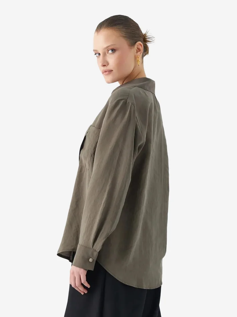 Mixray Khaki Green Mixray Relaxed Fit Shirt with Pocket for Women | Best Price UAE