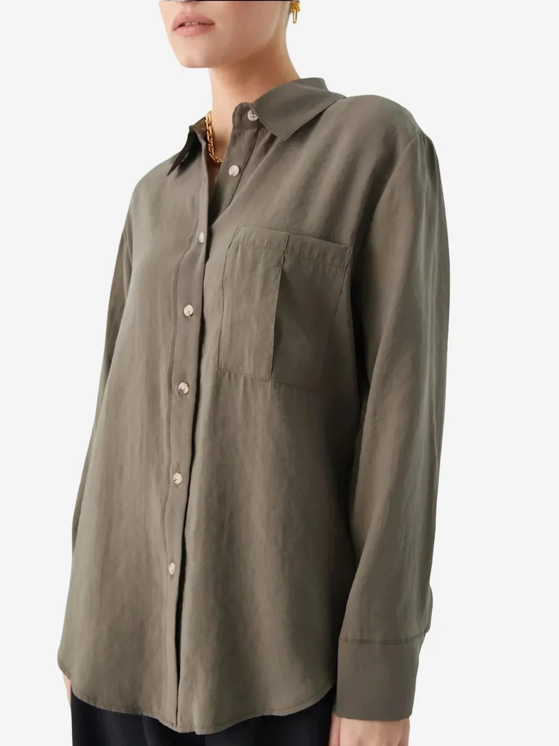 Mixray Khaki Green Mixray Relaxed Fit Shirt with Pocket for Women | Best Price UAE