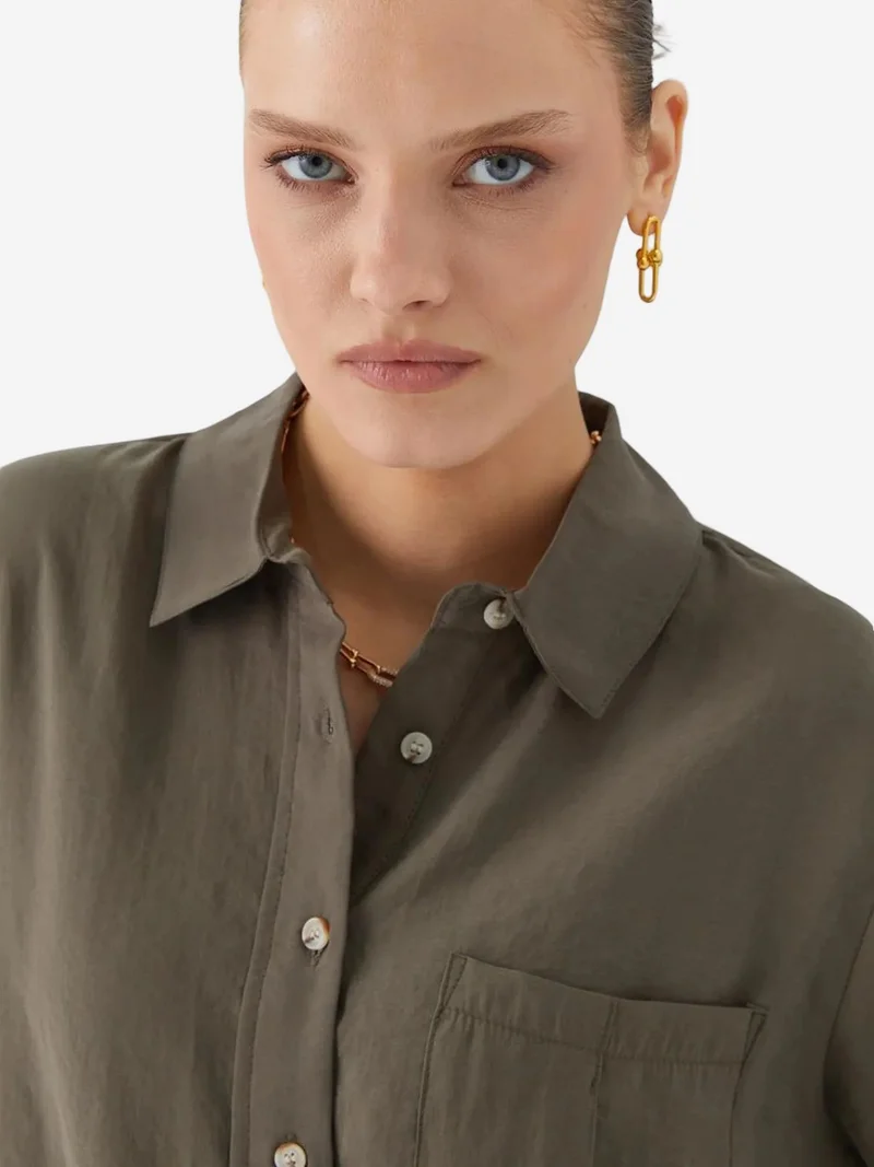 Mixray Khaki Green Mixray Relaxed Fit Shirt with Pocket for Women | Best Price UAE