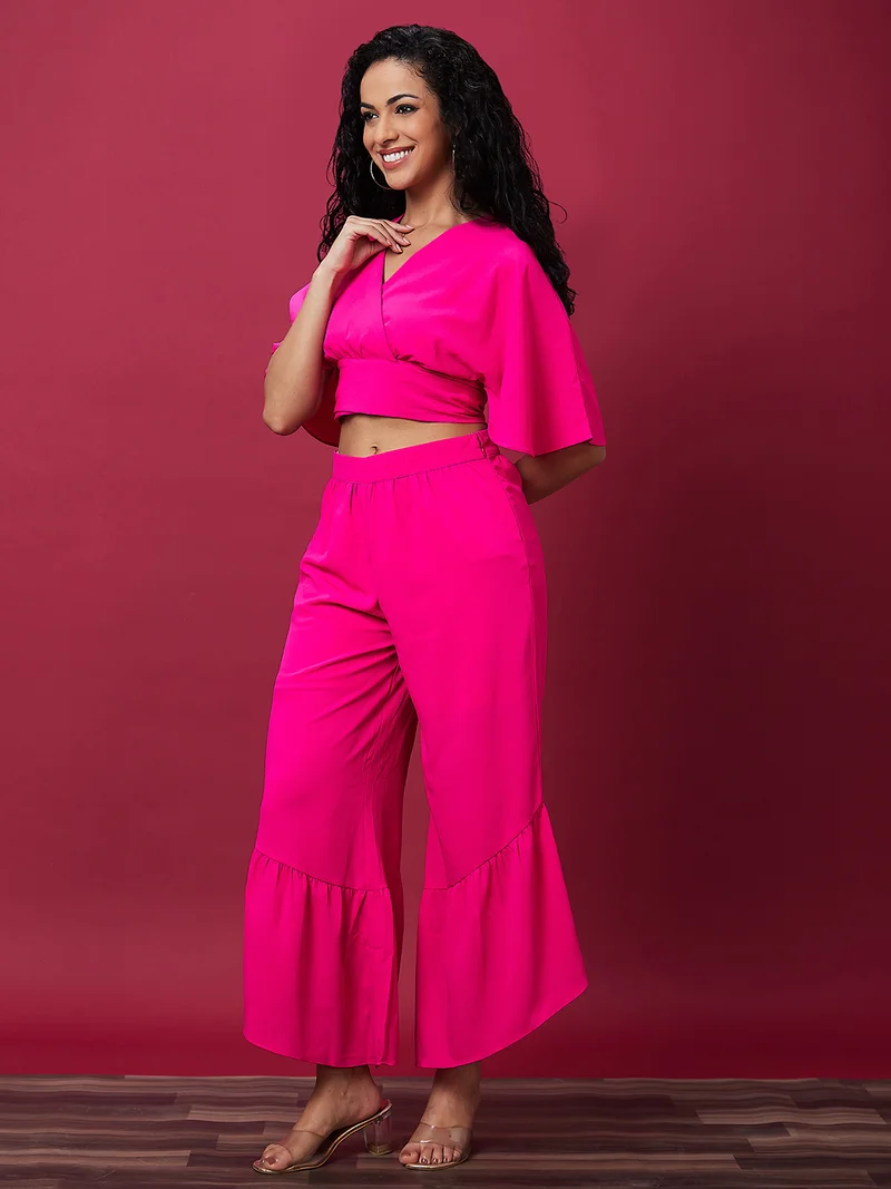globus Women Solid Wrap V-Neck Waist Tie Up Top & Flared Palazzo Co-Ord Set