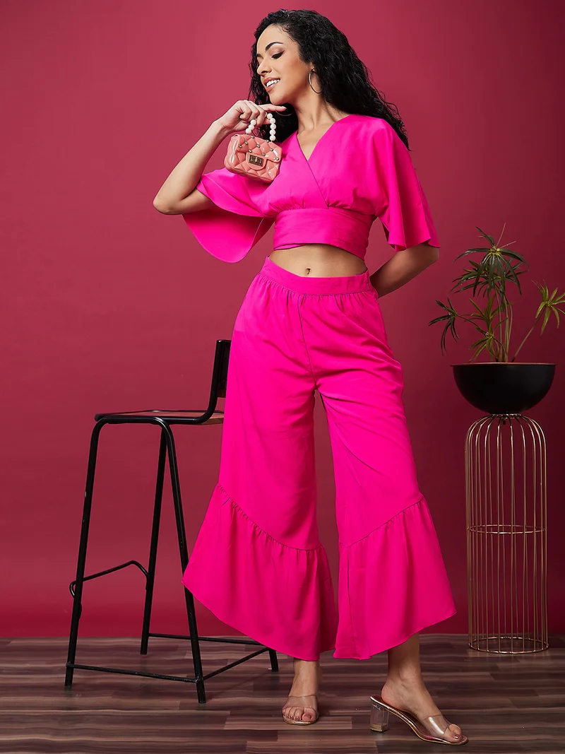 globus Women Solid Wrap V-Neck Waist Tie Up Top & Flared Palazzo Co-Ord Set