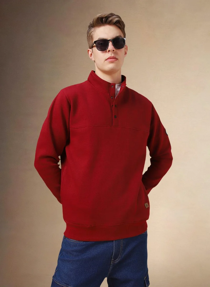 Dennis Lingo Men's Maroon Polyester Blend Solid Regular Fit Sweatshirt