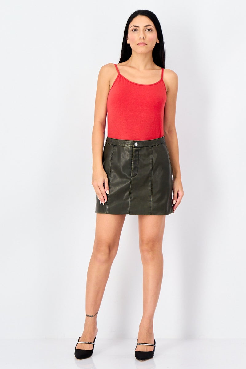 Reserved Women Solid Leather Mini Skirt, Dark Olive - Image 4
