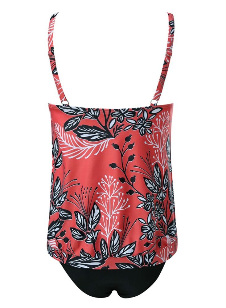 Loquat 2 Piece Vintage Leaf Print Bikini Conservative Cover Swimwear Red  - Image 2