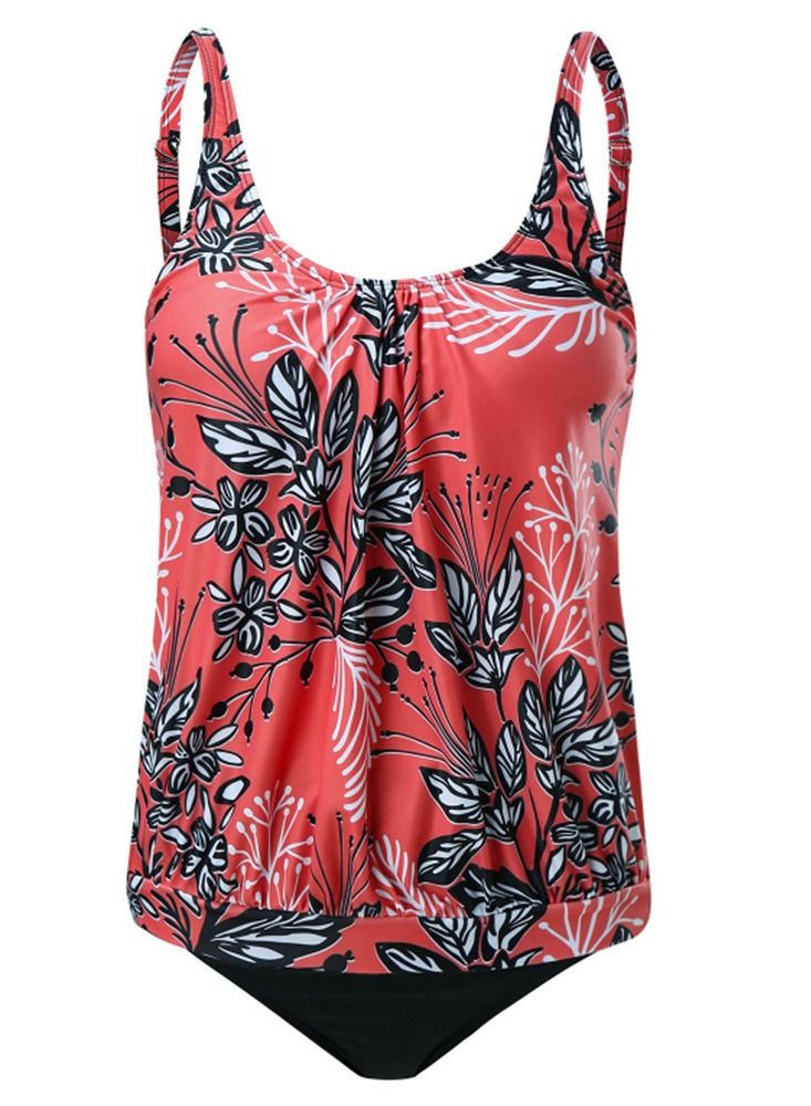Loquat 2 Piece Vintage Leaf Print Bikini Conservative Cover Swimwear Red  - Image 1