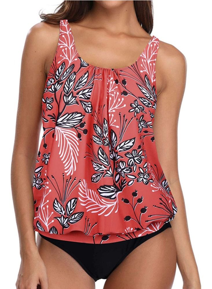 Loquat 2 Piece Vintage Leaf Print Bikini Conservative Cover Swimwear Red  - Image 3