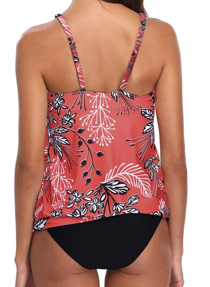 Loquat 2 Piece Vintage Leaf Print Bikini Conservative Cover Swimwear Red  - Image 4