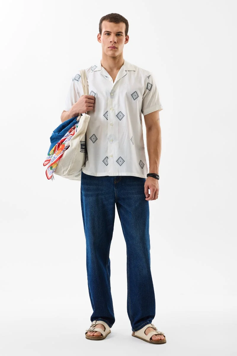 SNITCH White Geometric Half Sleeve Regular Fit Shirt