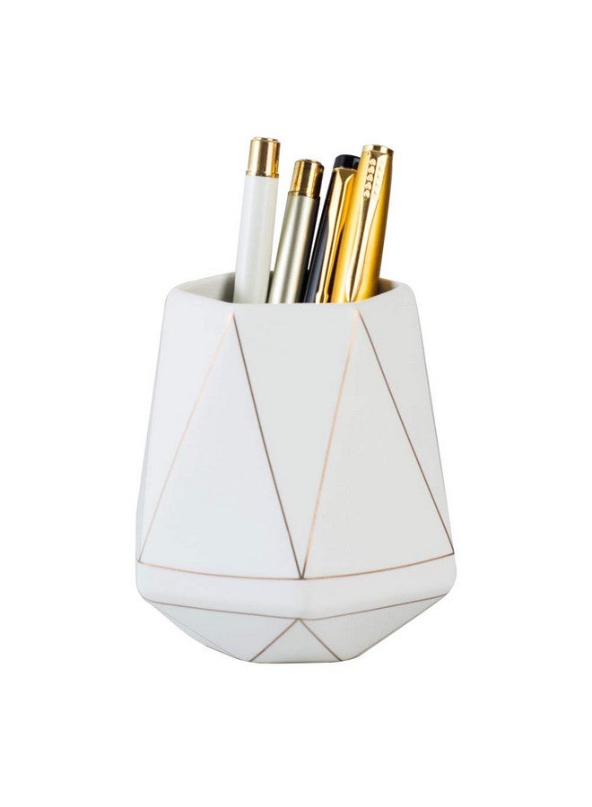 YOSCO Ceramic Desk Cute Pen Holder Stand Gold Line Pencil Cup Pot Desk Organizer Makeup Brush Holder (White) - Image 1