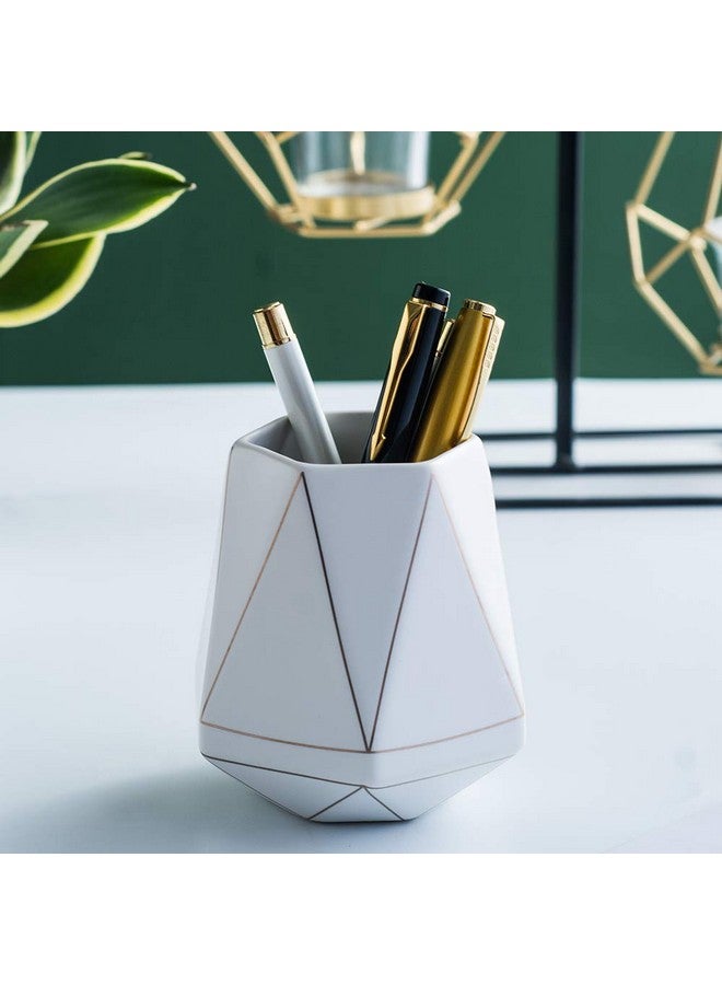 YOSCO Ceramic Desk Cute Pen Holder Stand Gold Line Pencil Cup Pot Desk Organizer Makeup Brush Holder (White) - Image 2