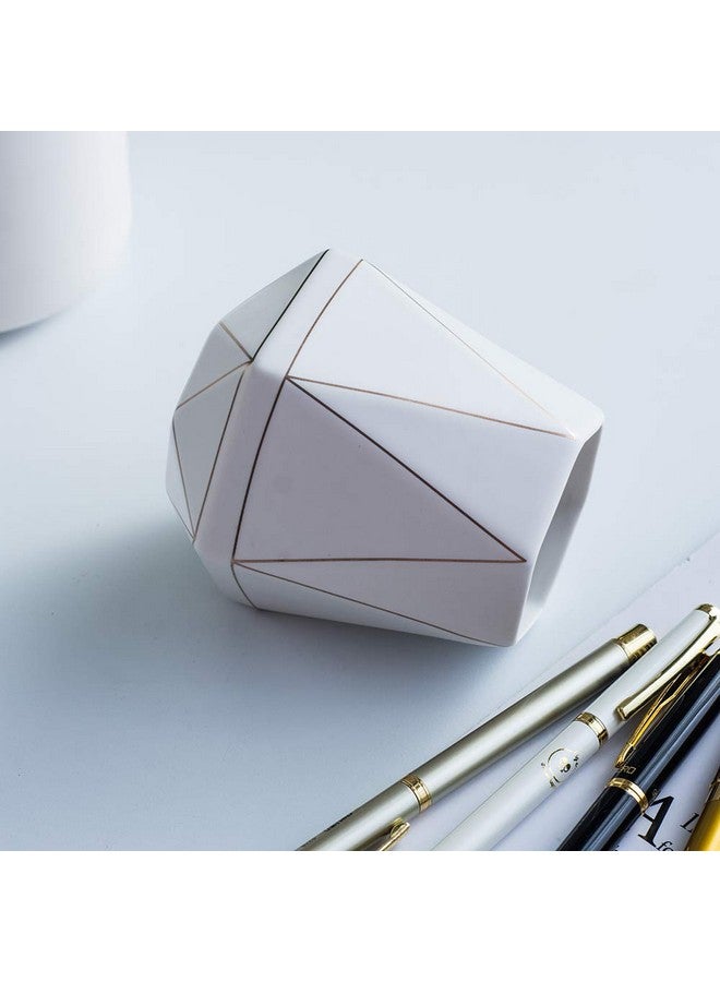 YOSCO Ceramic Desk Cute Pen Holder Stand Gold Line Pencil Cup Pot Desk Organizer Makeup Brush Holder (White) - Image 4