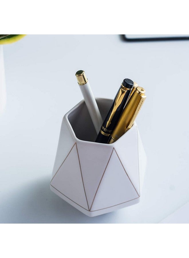 YOSCO Ceramic Desk Cute Pen Holder Stand Gold Line Pencil Cup Pot Desk Organizer Makeup Brush Holder (White) - Image 3