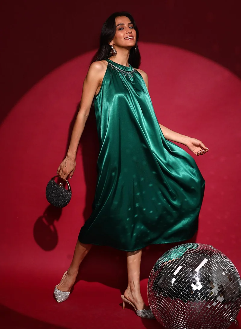 Pinacolada  Women's Emerald Green Halter Midi Dress for Women | Best Price UAE