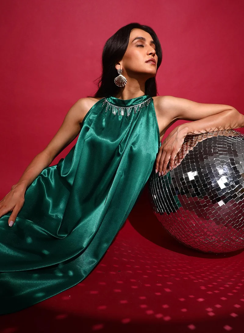 Women's Emerald Green Halter Midi Dress