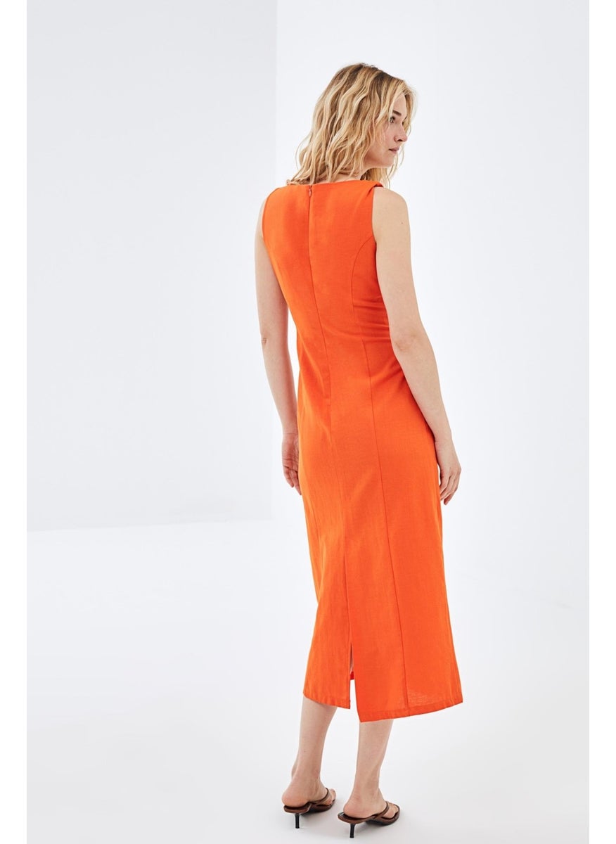 Orange Square Neck Midi Length Linen Dress - pzsku/ZFE77E61C0EA28A75A91CZ/45/_/1731413526/4304fc70-1038-4ebe-ae3b-417d8850410d