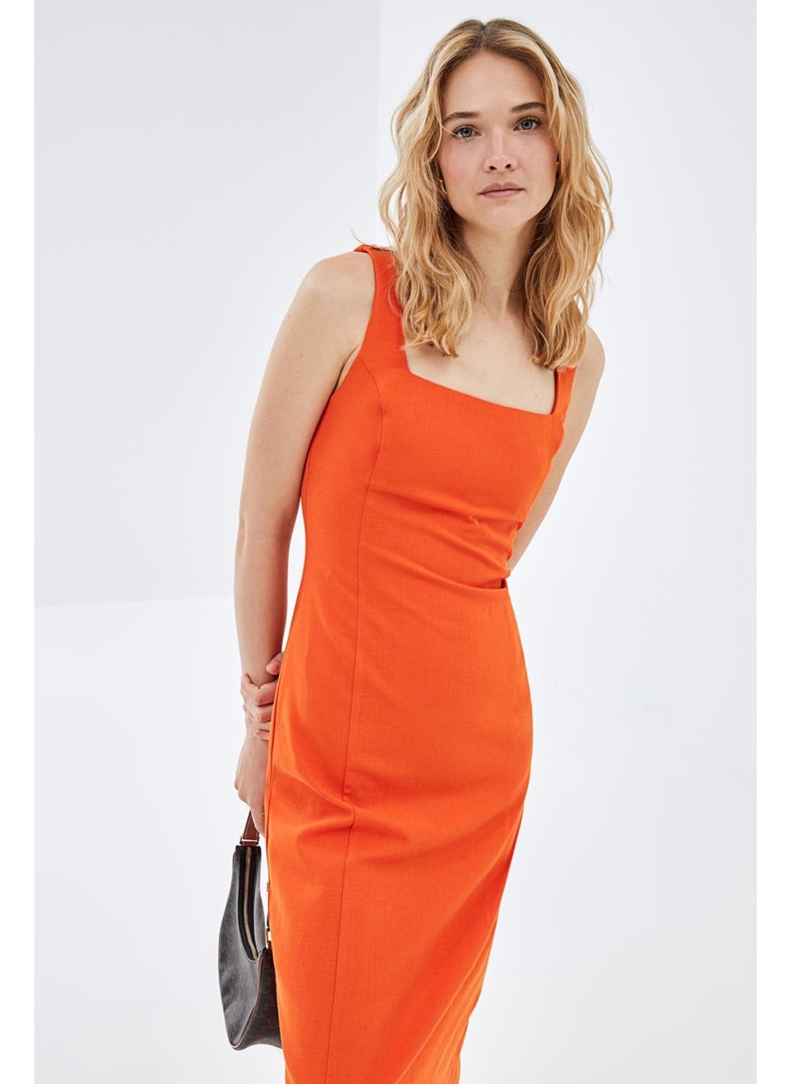 Orange Square Neck Midi Length Linen Dress - pzsku/ZFE77E61C0EA28A75A91CZ/45/_/1731413527/d3b5629f-c393-4669-94df-2f2feea3d9fe