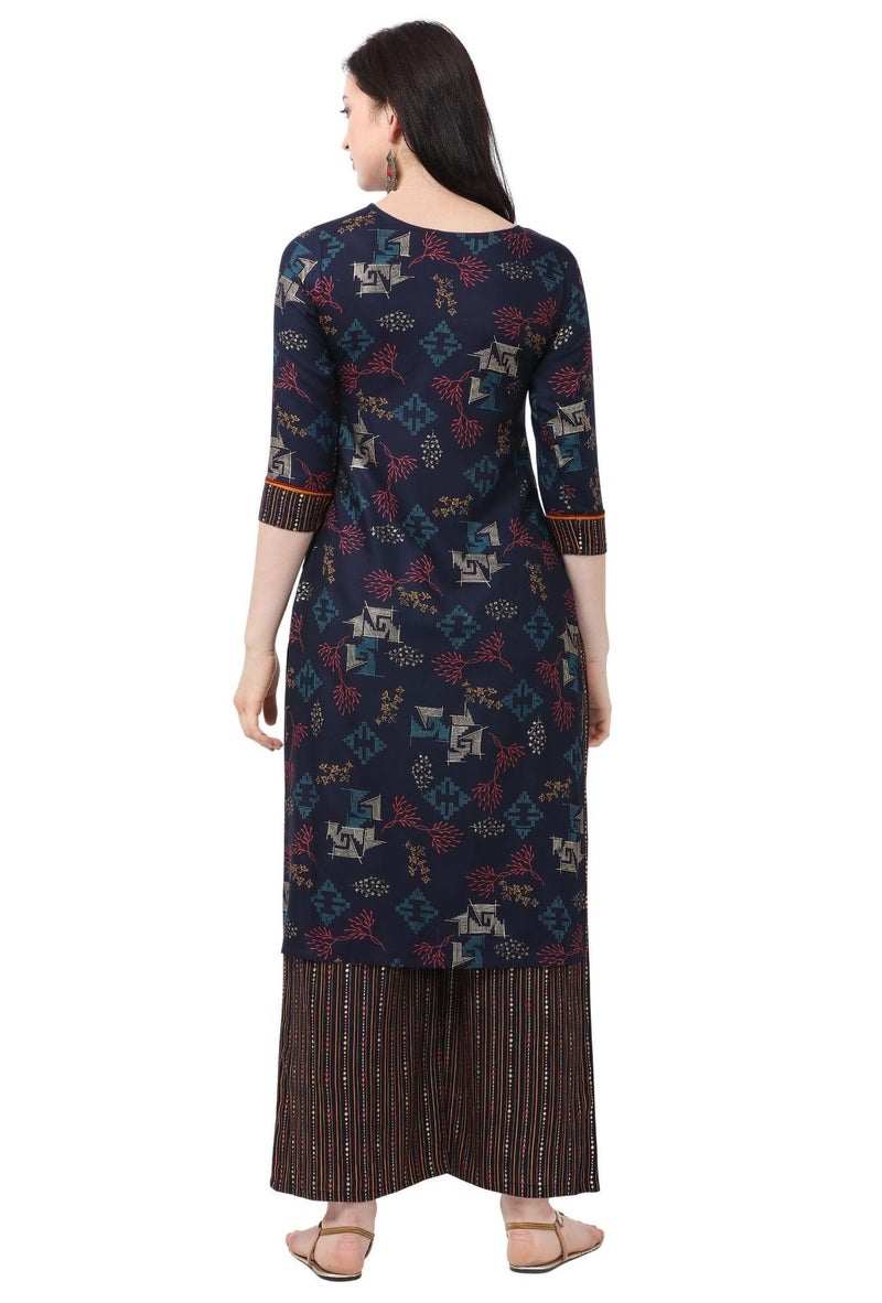 SHOPPING QUEEN Women's Rayon Printed Kurta Palazzo Set (A241_Blue_L) - Image 2