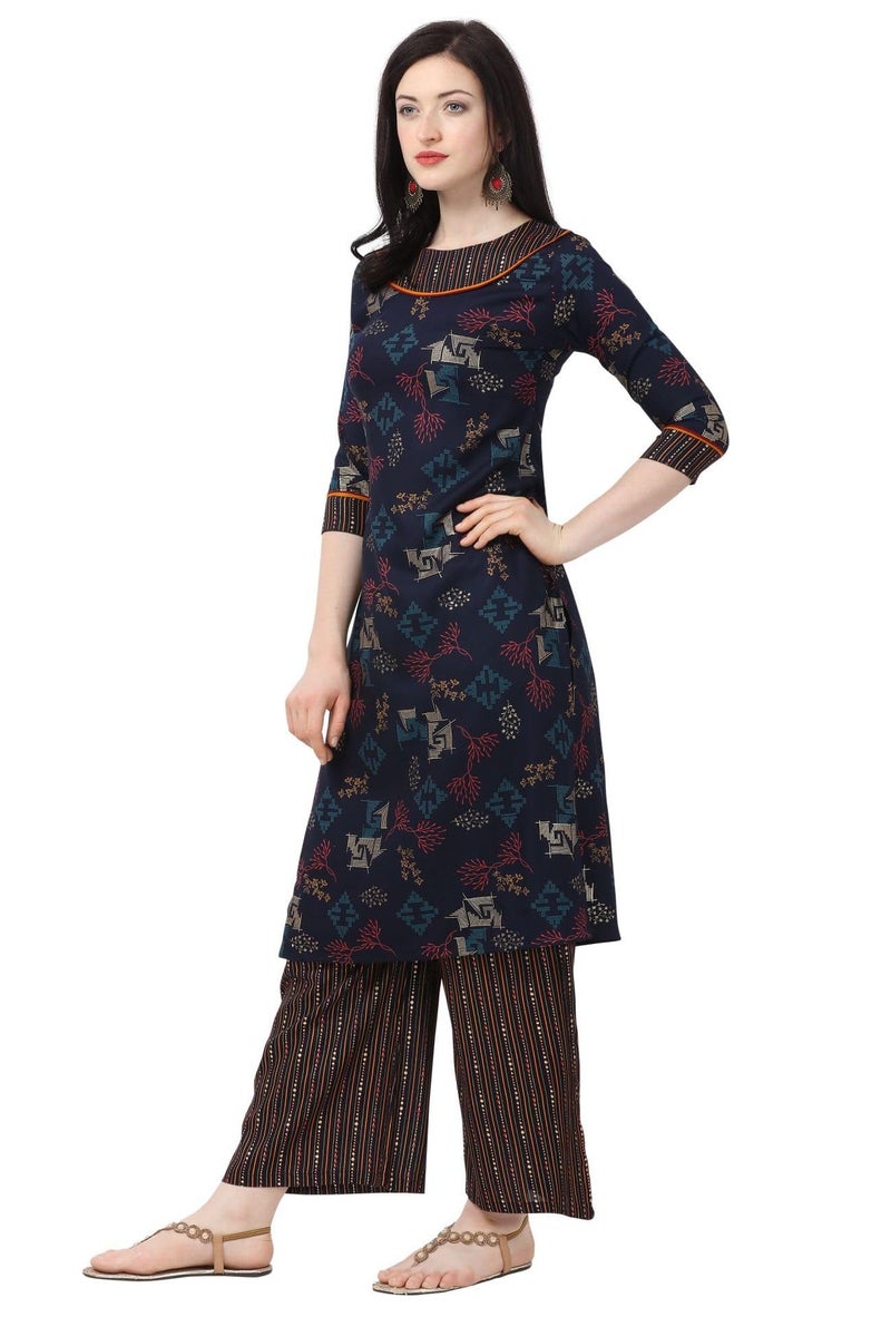 SHOPPING QUEEN Women's Rayon Printed Kurta Palazzo Set (A241_Blue_L) - Image 3