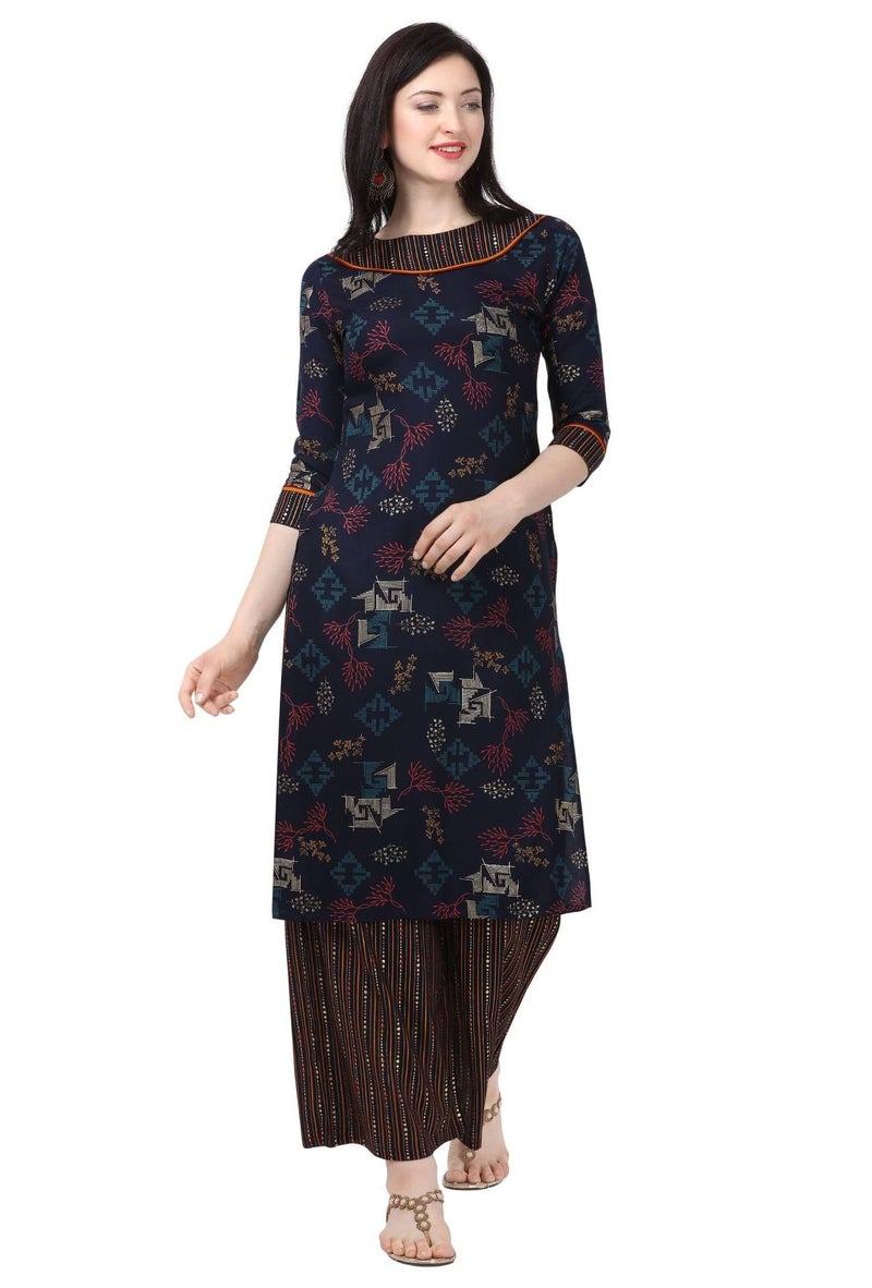 SHOPPING QUEEN Women's Rayon Printed Kurta Palazzo Set (A241_Blue_L) - Image 4