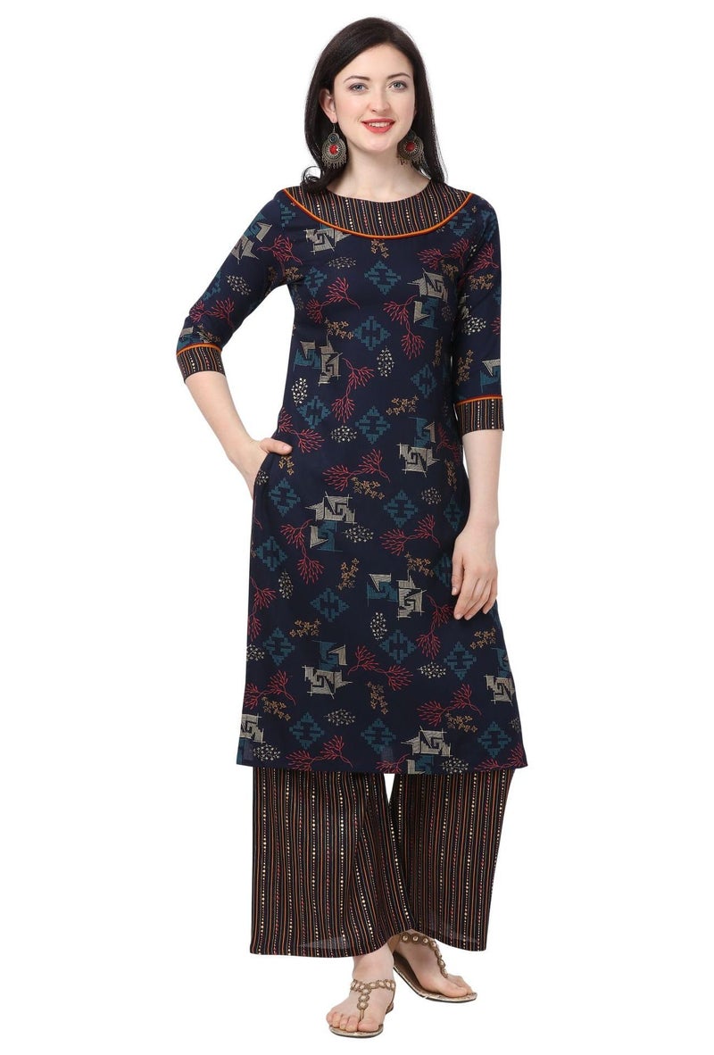 SHOPPING QUEEN Women's Rayon Printed Kurta Palazzo Set (A241_Blue_L) - Image 1