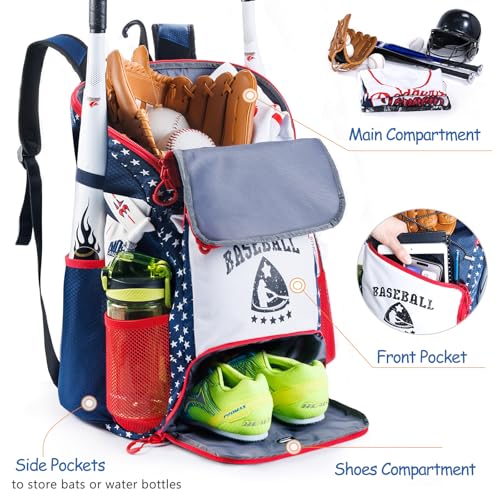VIGEGARI Baseball Softball Bag for Youth Adult with 4 Bat Sleeves Shoe Compartment Baseball Backpack for TBall Softball Equipment Baseball Gear Boys 812 - Image 3