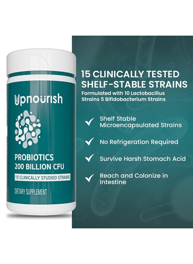 UpNourish - UpNourish Probiotics - 200 Billion CFUs, 15 Strains, Prebiotics & Enzymes - 60 Vegan Capsules - Image 1