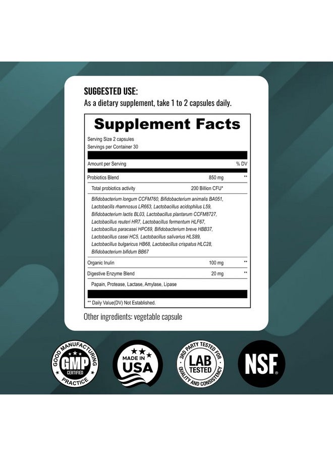 UpNourish - UpNourish Probiotics - 200 Billion CFUs, 15 Strains, Prebiotics & Enzymes - 60 Vegan Capsules - Image 1