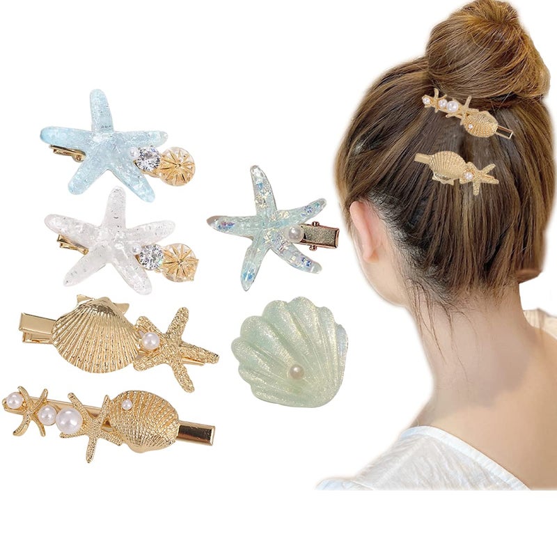 Aaiffey Shell Pearl Starfish Hair Clip Set for Women GirlsSea Star Hair Pins Girls Cute Headwear Styling Tools Princess Hair Clips Hair Accessories 6 Pcs