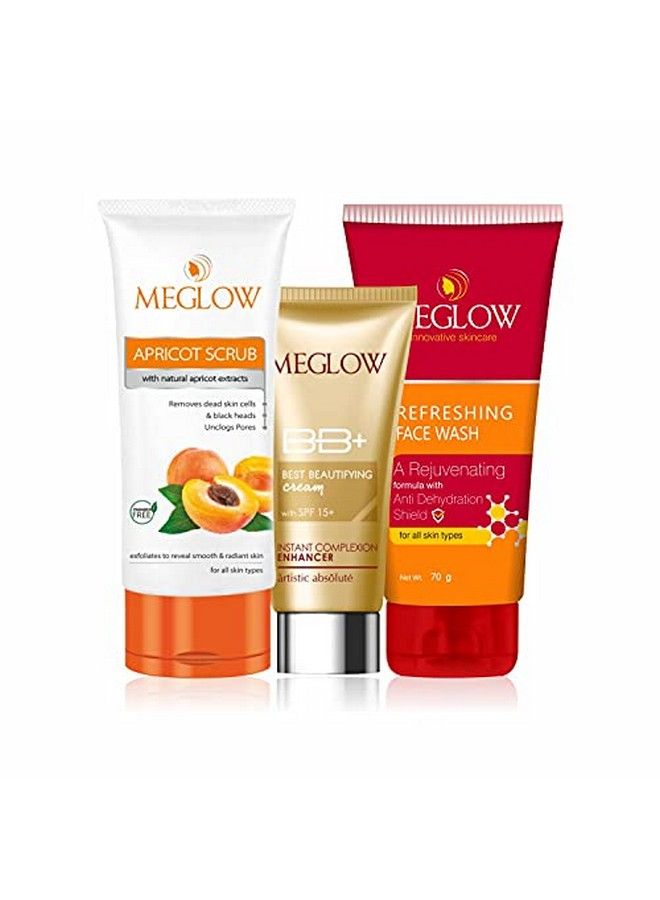 MEGLOW Beauty Combo Pack Of 3 With Bb+ Cream With Spf Formula (30G) ;;Refreshing Face Wash With Anti Dehydration Shield (70G) ;; Apricot Scrub With Natural Apricot Extracts (70G) For Soft And Glowing Skin - Image 1