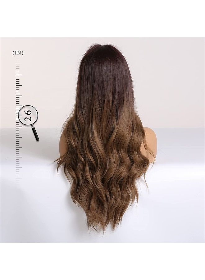 Haircube باروكة طويلة بألوان أومبري بنية للنساء، باروكة شعر صناعي مجعد بتقسيم وسطي - Image 3