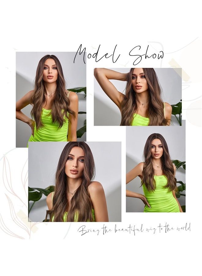 Haircube باروكة طويلة بألوان أومبري بنية للنساء، باروكة شعر صناعي مجعد بتقسيم وسطي - Image 4