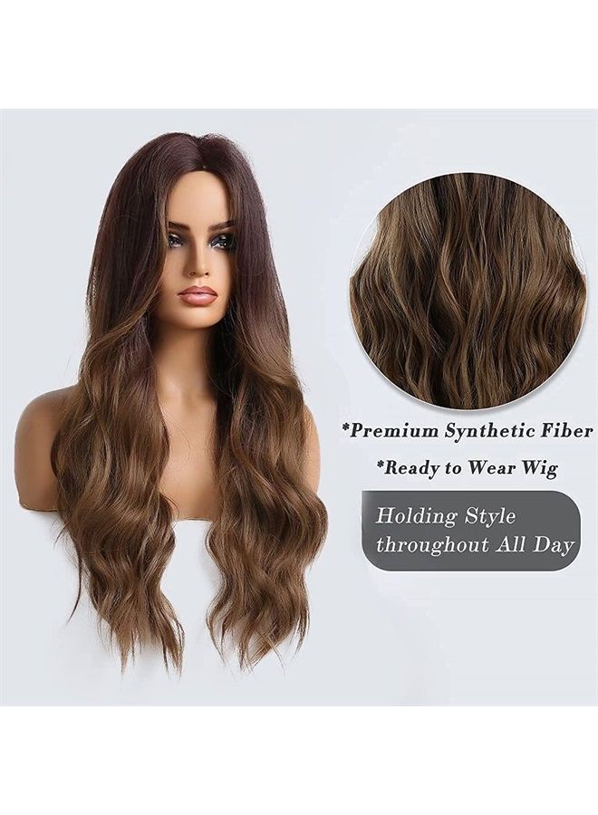 Haircube باروكة طويلة بألوان أومبري بنية للنساء، باروكة شعر صناعي مجعد بتقسيم وسطي - Image 2