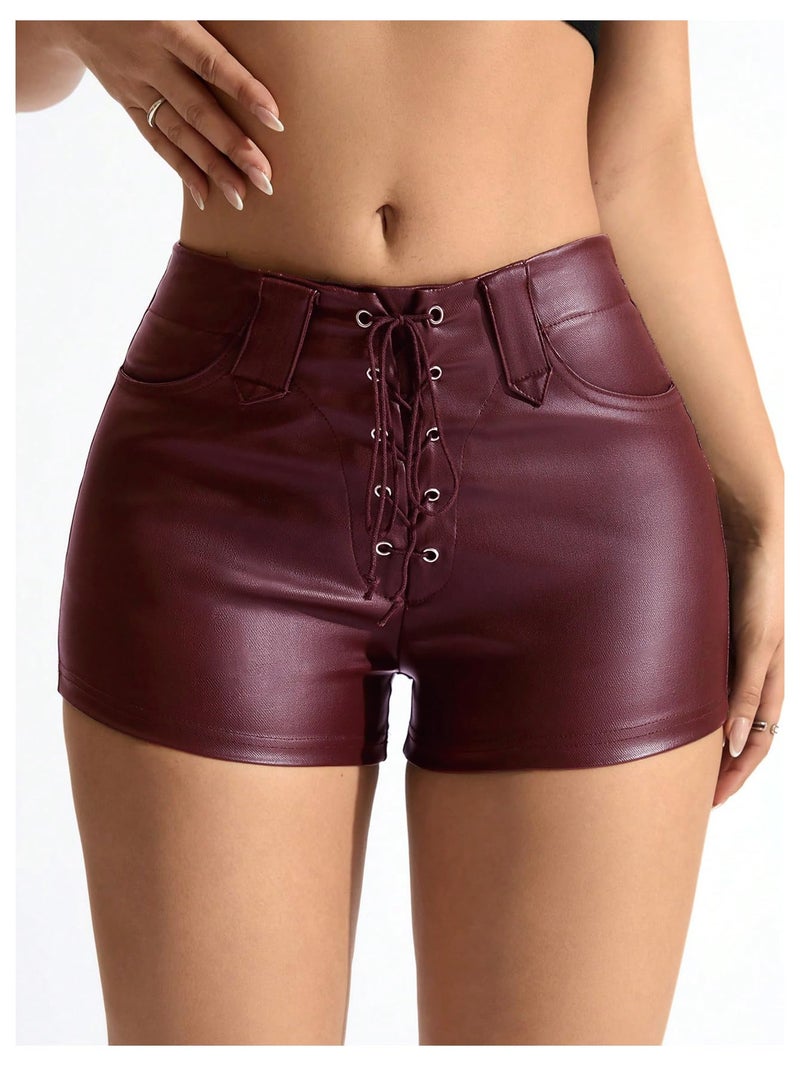 Floerns Women's Sexy High Waisted Faux Leather Shorts Drawstring Lace Up Festival Rave Shorts Dark Red Solid Medium - Image 1