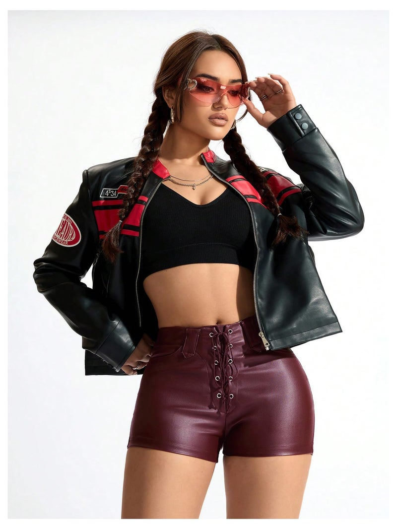 Floerns Women's Sexy High Waisted Faux Leather Shorts Drawstring Lace Up Festival Rave Shorts Dark Red Solid Medium - Image 3