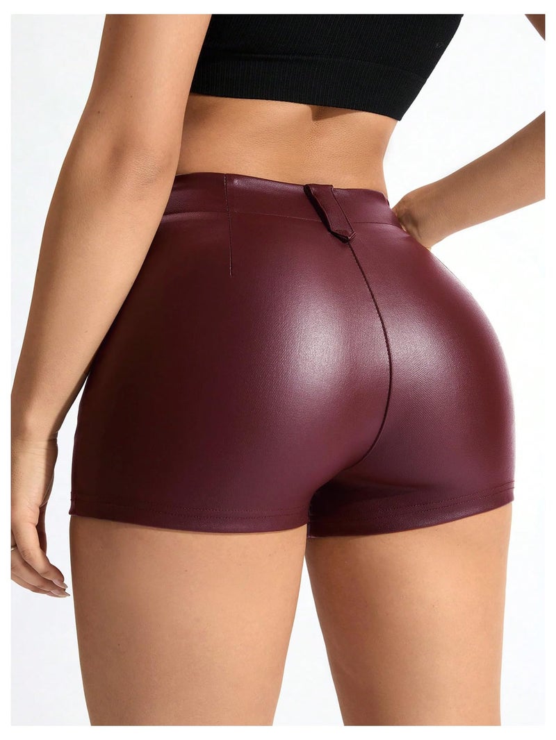 Floerns Women's Sexy High Waisted Faux Leather Shorts Drawstring Lace Up Festival Rave Shorts Dark Red Solid Medium - Image 2