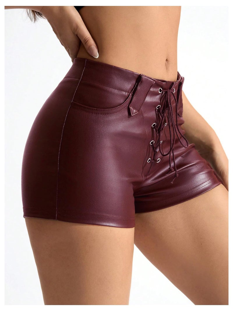 Floerns Women's Sexy High Waisted Faux Leather Shorts Drawstring Lace Up Festival Rave Shorts Dark Red Solid Medium - Image 4