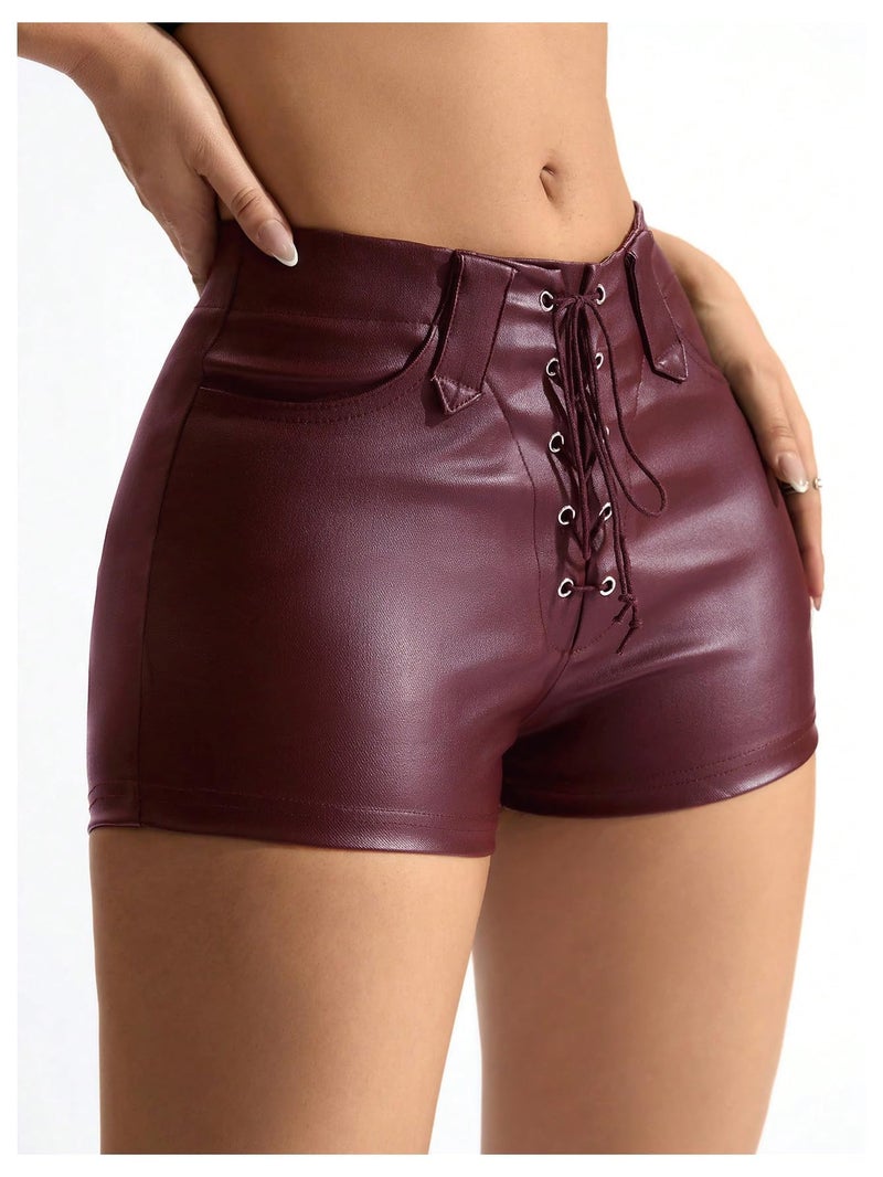 Floerns Women's Sexy High Waisted Faux Leather Shorts Drawstring Lace Up Festival Rave Shorts Dark Red Solid Medium - Image 5