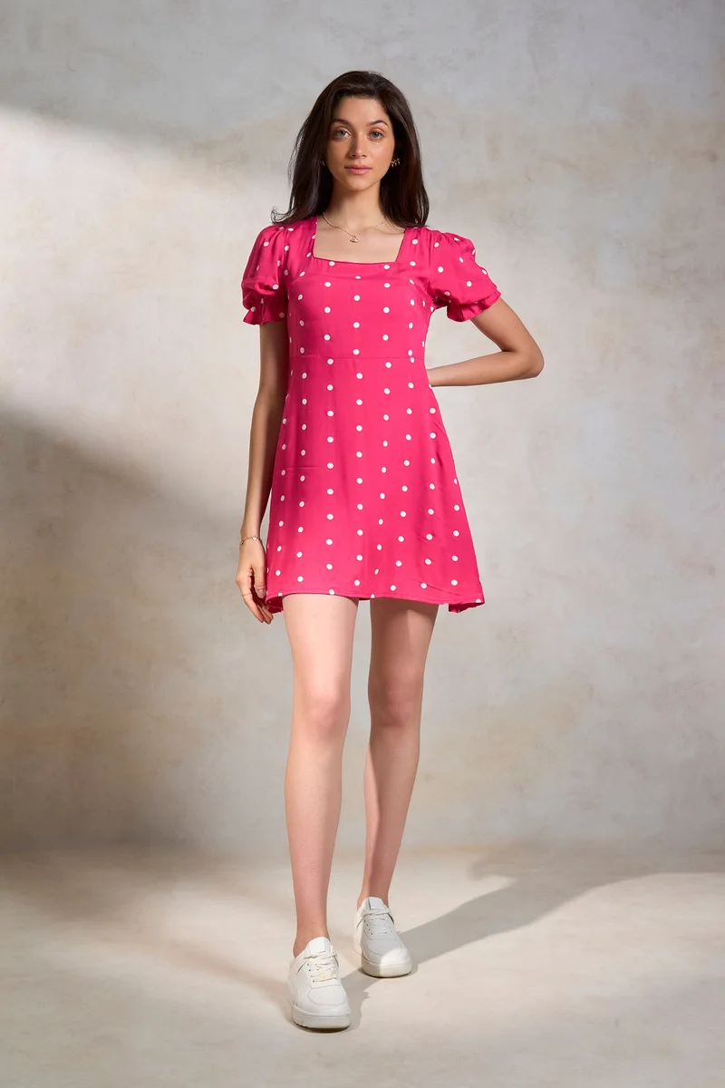 فيرجيو Polka Dots Viscose Pink Polka Puff Sleeve Dress for Women