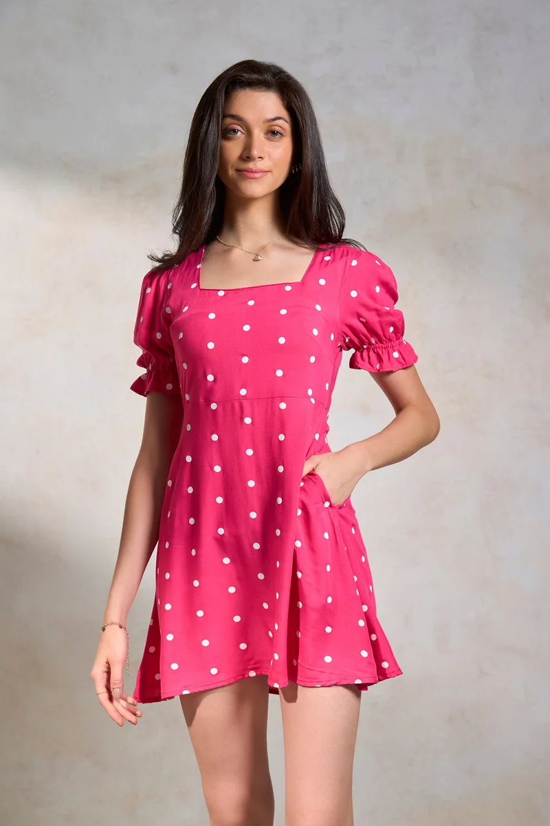 فيرجيو Polka Dots Viscose Pink Polka Puff Sleeve Dress for Women
