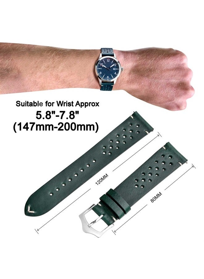 ANNEFIT Vintage Leather Watch Strap 20mm, Quick Release Replacement Band for Men and Women with Silver Buckle (Deep Pine) 