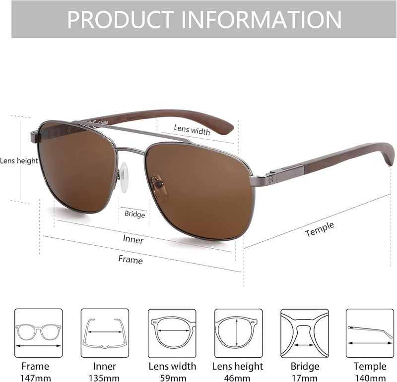 نظارات شمسية زينوتيك Aviator Wood مقاومة للأشعة فوق البنفسجية بنسبة 99%، مناسبة للرجال للصيد والقيادة والجولف - Image 4
