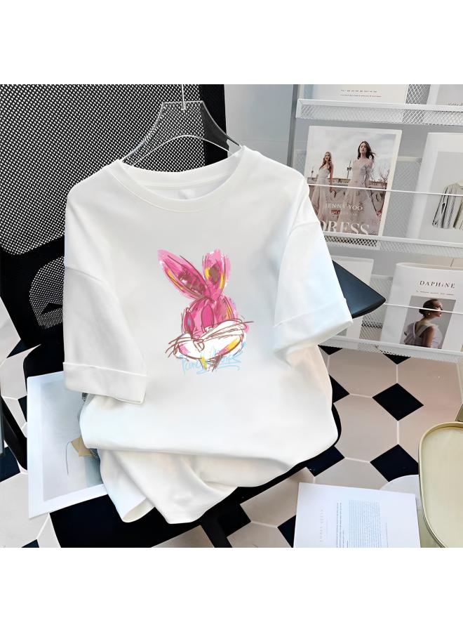 Song Feng Ya Graffiti Rabbit Tiktok Hot Real Shot Heavy Thick Summer Fashionable New Girl Style Pure Cotton Short-sleeved T-shirt For Women
