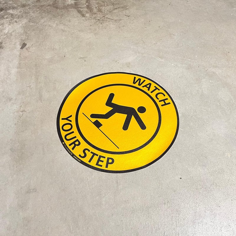TRADESAFE Watch Your Step Anti-Slip Floor Sticker - Watch Your Step Safety Caution Sign, Peel and Stick Adhesive Vinyl Sign, ANSI-Compliant, 17” Diameter Round Sticker - Image 5