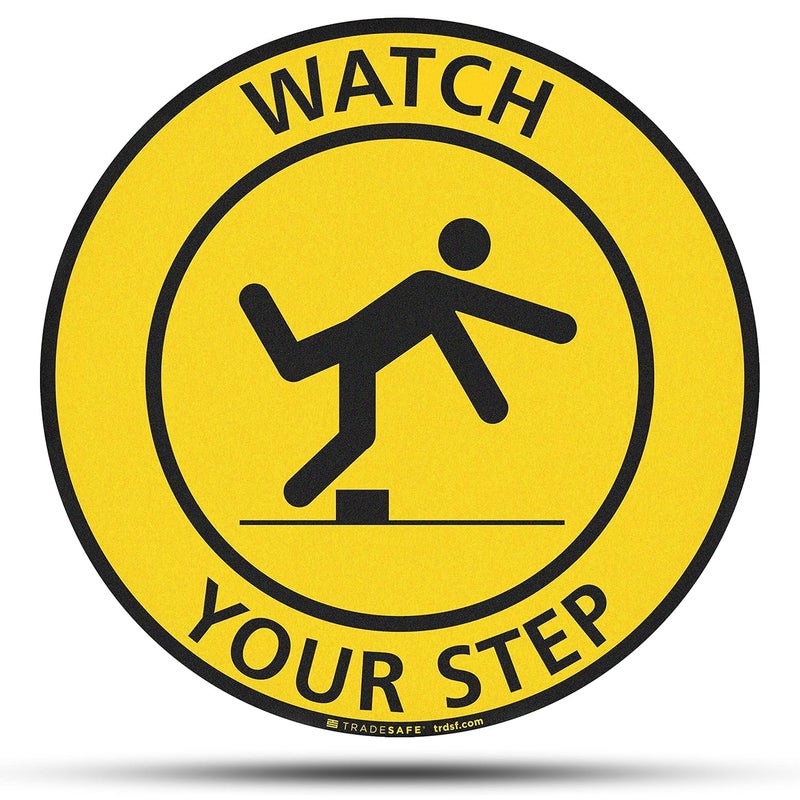 TRADESAFE Watch Your Step Anti-Slip Floor Sticker - Watch Your Step Safety Caution Sign, Peel and Stick Adhesive Vinyl Sign, ANSI-Compliant, 17” Diameter Round Sticker - Image 1