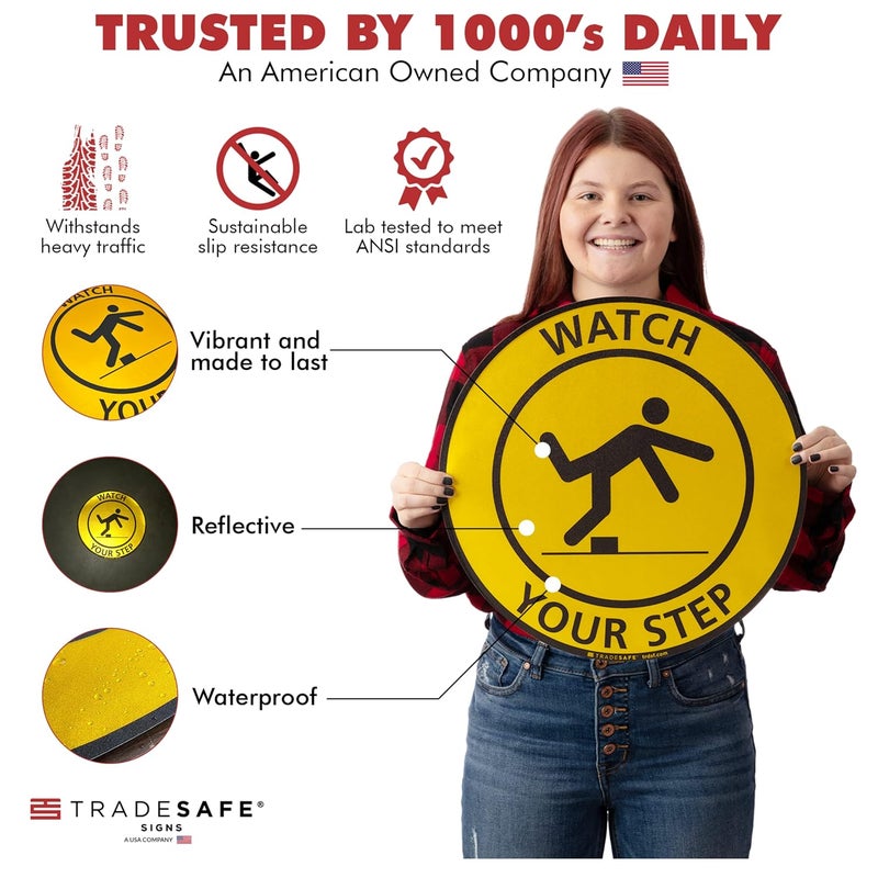 TRADESAFE Watch Your Step Anti-Slip Floor Sticker - Watch Your Step Safety Caution Sign, Peel and Stick Adhesive Vinyl Sign, ANSI-Compliant, 17” Diameter Round Sticker - Image 2